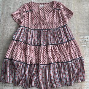 Urban Outfitters Pink Floral A-Line Mini V-Neck Dress Short Sleeves Size Small